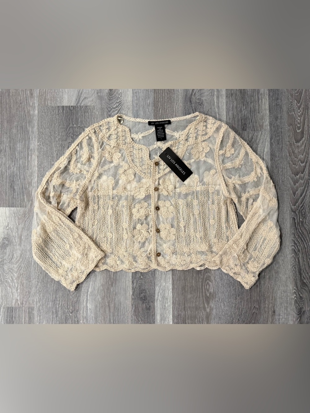 LIV Los Angeles Womens L Ivory Boho Sheer Lace Floral Embroidered Cropped Shrug